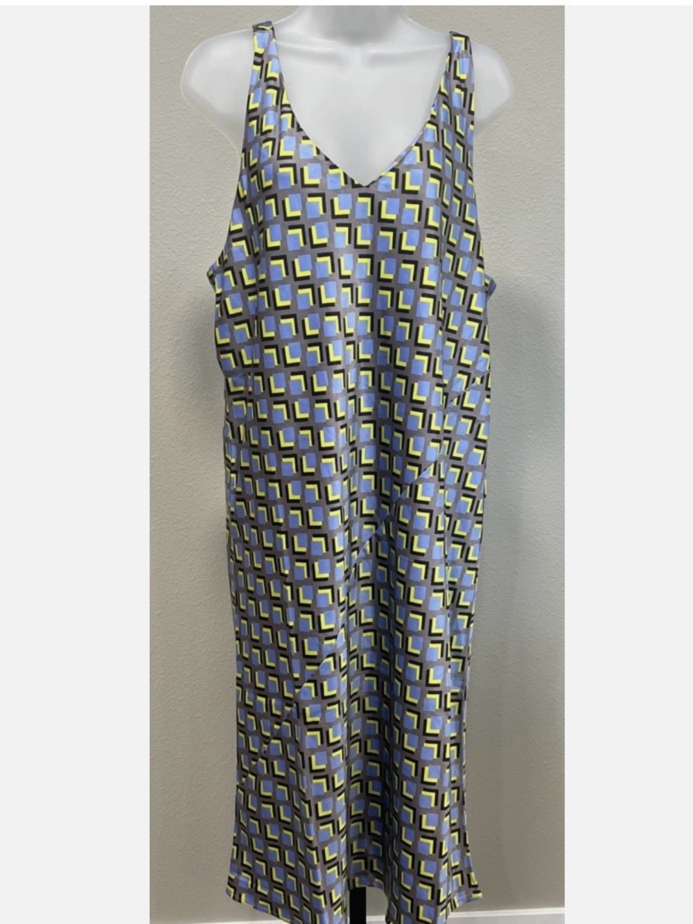 Wildfang Adjustable Geometric Print Midi Dress in periwinkle Yellow size XL NWT